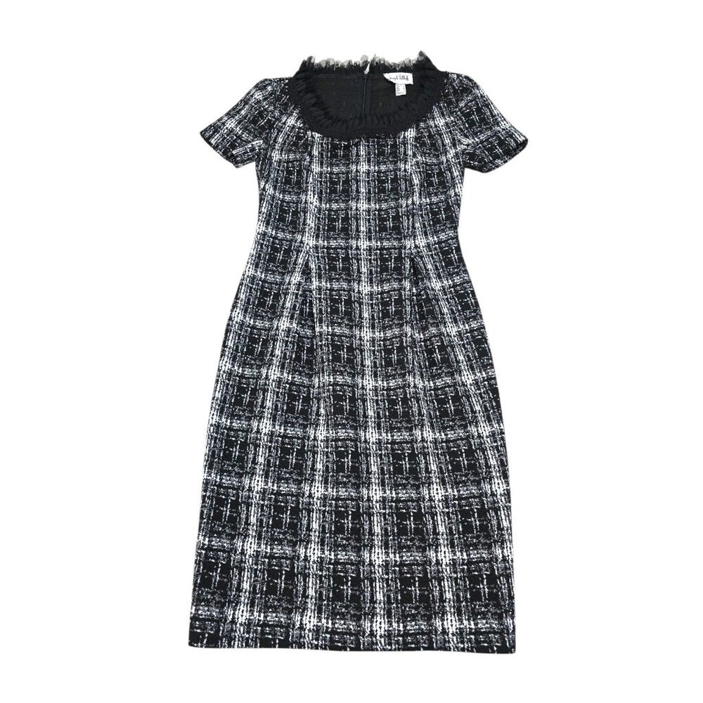 Joseph Ribkoff Women's Black Plaid Tweed Dress Short Sleeve‎ Ruffled Back Zip 4